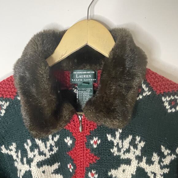 VTG Ralph Lauren Handknit Reindeer Wool Sweater Cardigan Faux Fur Holiday Sz S/M - Picture 8 of 16